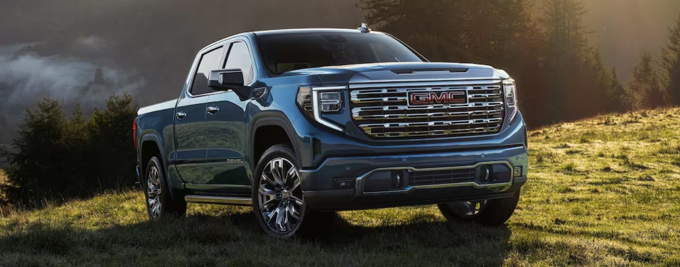 Blue 2026 GMC Sierra 1500 Denali parked off-road in a field.