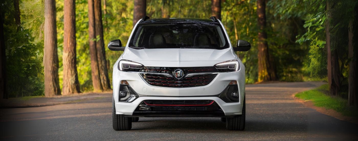 A white 2020 Buick Encore GX ST head-on view.