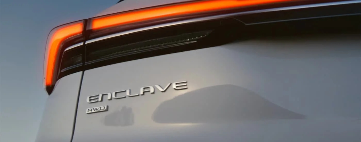 Rear badge on a silver 2026 Buick Enclave